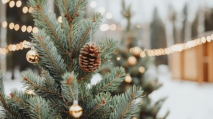 Beautiful Pine Tree Decorated with Ornaments and Pinecone Under Soft Winter Lights in a Scenic Outdoor Setting