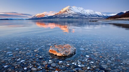 Serene Mountain Landscape with Clear Water, Pebbles, and Snow-Capped Peaks at Sunset Reflected in the Calm Lake