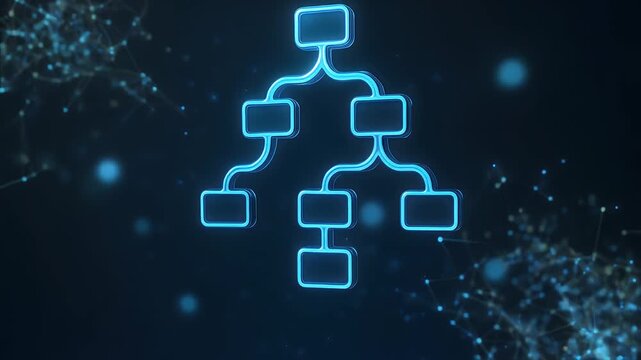 Glowing flowchart neon network digital diagram data tree technology background blue abstract futuristic interface cyber grid data