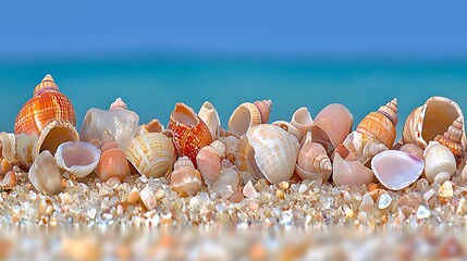 Collection of Colorful Seashells on Sandy Beach with Turquoise Ocean in the Background