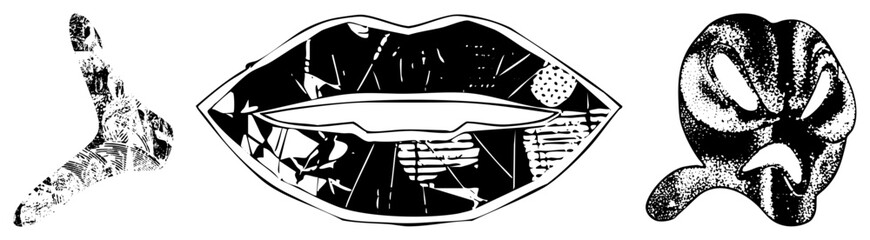 Stylized lips with fragmented, boomerang with textured, mask with dot shading all in vector art, isolated elements, graphic design assets.