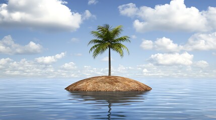Serene Tropical Island with a Single Palm Tree Surrounded by Calm Blue Waters and Fluffy White Clouds