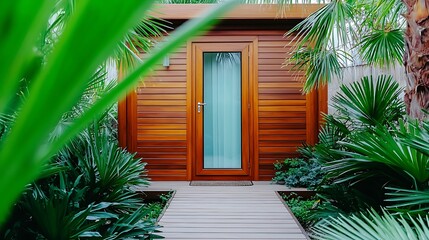 Modern Wooden Cabin Surrounded by Lush Tropical Plants in a Tranquil Garden Setting
