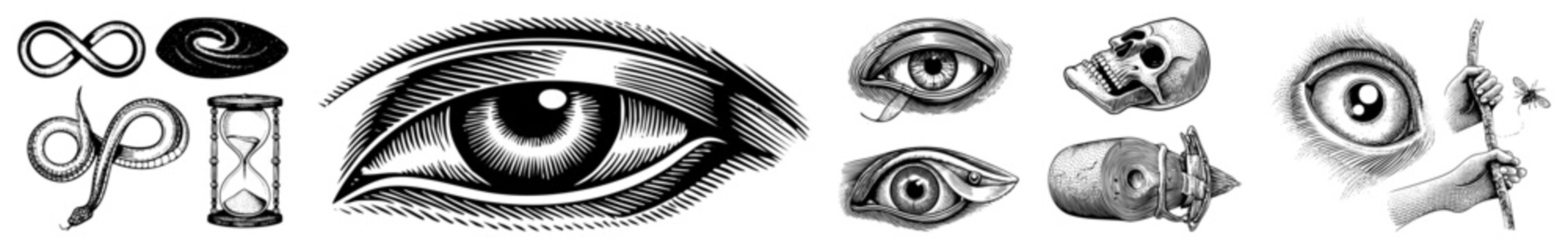Detailed eye illustrations representing watchfulness, eternity, and time, paired with hourglass and infinity symbols, in classic engraved style.