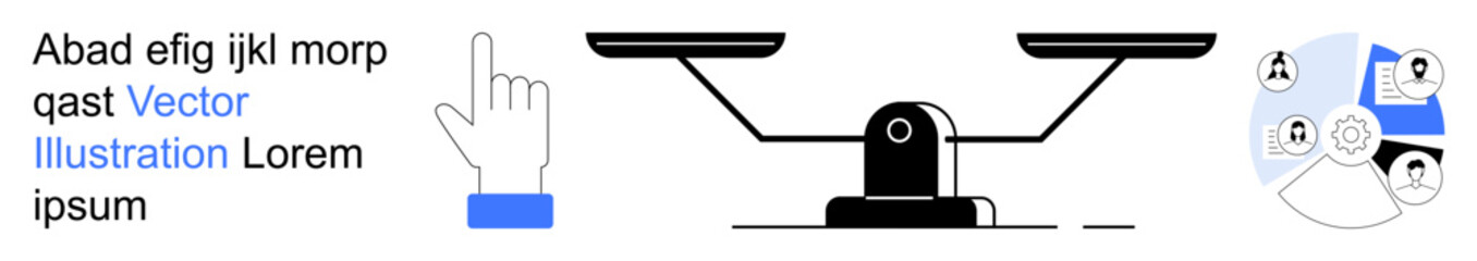 Decision-making, justice system, user interface, communication, technology integration, digital media. Black-and-white balance scale, pointer hand and infographic icons. Decision-making and justice