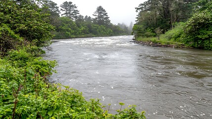 Serene River Flowing Through Lush Greenery with Misty Forest in the Background on a Calm Day