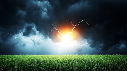 Dramatic Thunderstorm Over Lush Green Field with Dark Clouds and Striking Lightning Illuminating the Sunset Sky