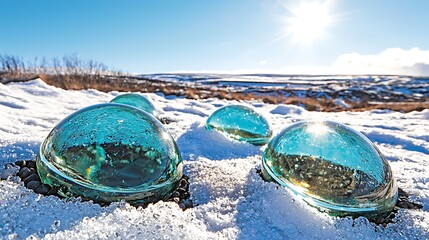 Beautiful glass bubbles resting on pristine snow under bright sunlight in a serene winter landscape