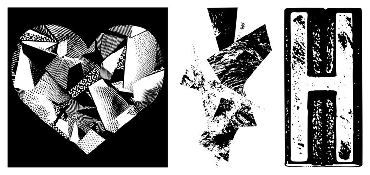 Fragmented heart shape with halftone textures, abstract angular forms, stylized letter H, vector design, graphic art elements.