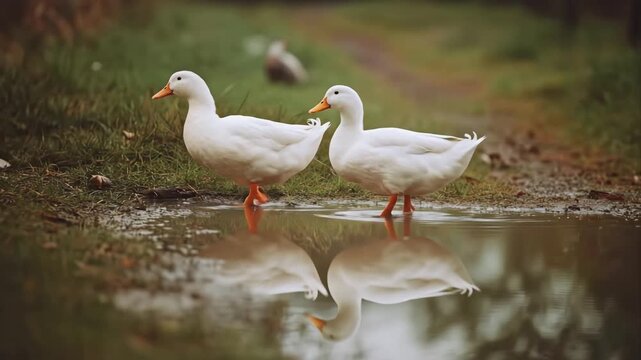 Two white ducks are walking by the pond