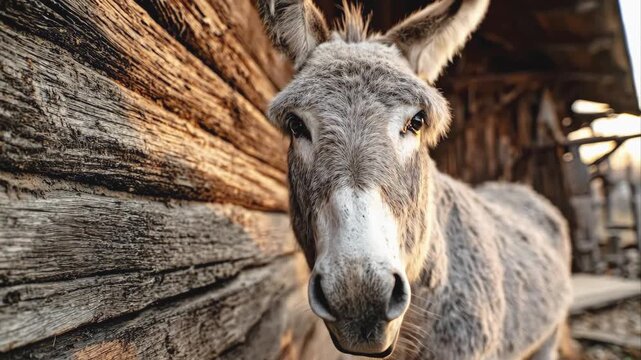 Close-up of grey donkey standing by rustic wooden barn
