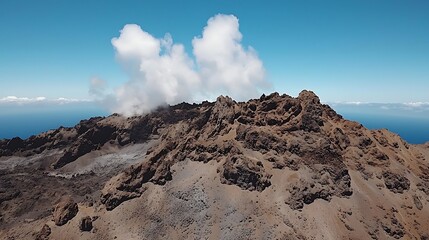 Dramatic Rocky Mountain Landscape with Clouds and Ocean View Beneath a Clear Blue Sky