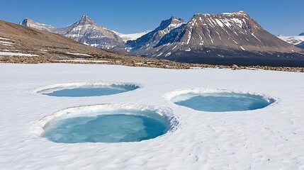 Three Circular Pools of Crystal Blue Water Surrounded by Snow and Majestic Mountains in Clear Blue Sky