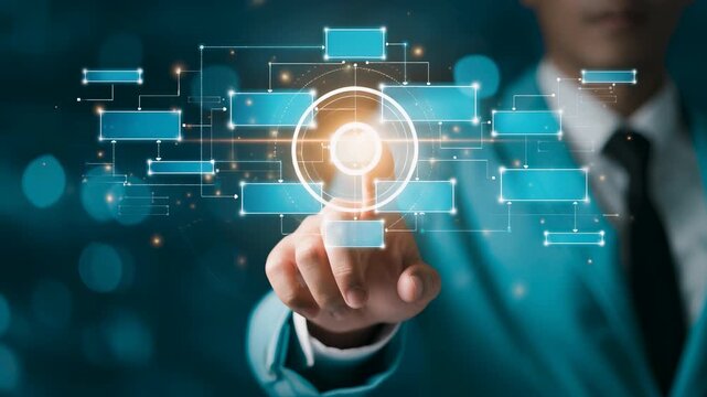 Businessman optimizing digital workflow automation process for business strategy management. Virtual system flowchart integration for data solution efficiency. Smart technology structure planning.