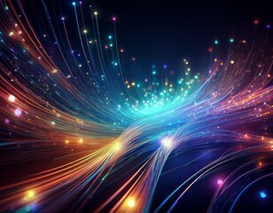 Obraz premium glowing dense fiber optic strands with scattered light points