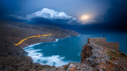 Serene Coastal Landscape at Dusk with Moon and Dramatic Clouds Over Ocean Waves
