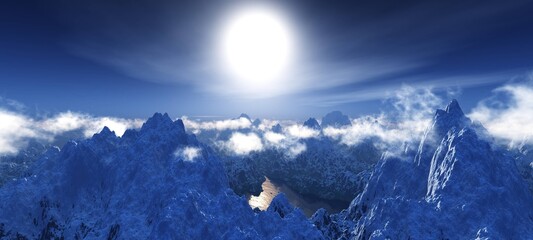 snow clouds among snowy peaks, sun in the snow, arctic ice, Greenland in ice, 3D rendering © ustas