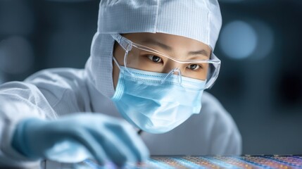 Naklejka premium Focused Asian Scientist in Protective Gear Working on Advanced Technology in High-Tech Laboratory Environment