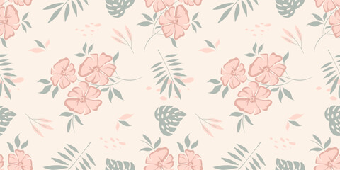 Vintage Peach Rose and Tropical Monstera Leaf Seamless Pattern Design