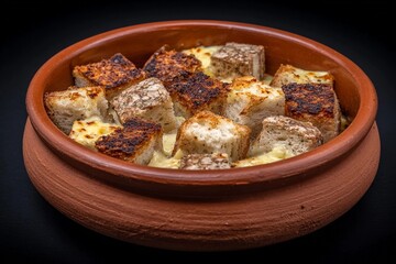 Baked bread cubes with cheese and crust on display