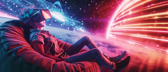 Fototapeta premium Young woman wearing VR headset, relaxing on a beanbag while immersed in a colorful space simulation with stars and planets.