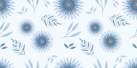 Cool Blue Sunburst Blooms and Silver Leaf Seamless Pattern for Textiles