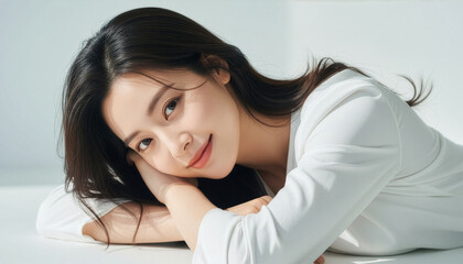 おしゃれなカットモデル女性の自然光ポートレート (Soft Radiance Portrait Series)	