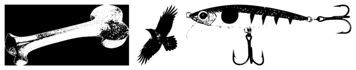 Naklejka premium Bone with textured halftone, raven in flight silhouette, fishing lure with treble hooks, all vector flat, isolated graphic elements.