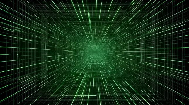 Abstract Green Digital Tunnel Stock Video with Wireframe Matrix Grid