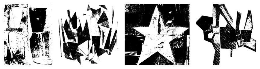 Obraz premium Fragmented polygonal forms in stark black and white, halftone texture, graphic design elements, modern abstract composition, vector illustration.