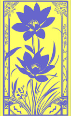 blue graphic drawing of a bouquet of flowers on a yellow background, Ukrainian theme, graphics