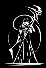 Black graphic silhouette of the reaper of death, badge, logo, tattoo