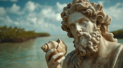 Obraz premium Majestic Poseidon Holding a Nautilus Shell