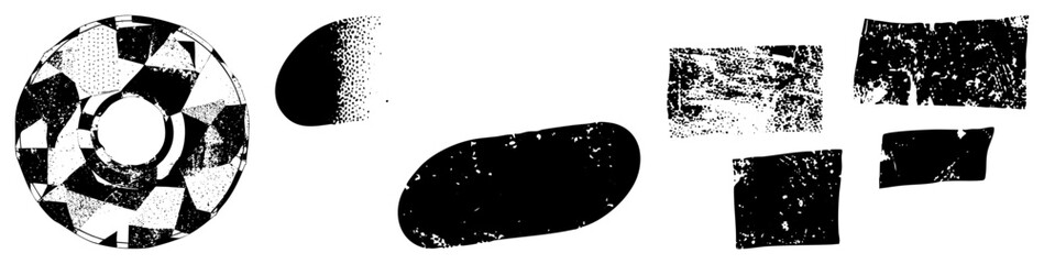 Fototapeta premium Vector graphic featuring fragmented geometric forms with halftone, distressed textures, and bold black shapes, ideal for modern graphic design or digital art compositions.