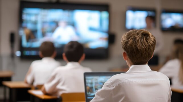 Students Engaged in Classroom Learning While Watching Educational Content on a Large Screen