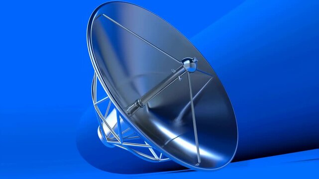Close-up view of a sleek reflective satellite dish on a blue background showcasing its smooth curves and intricate design