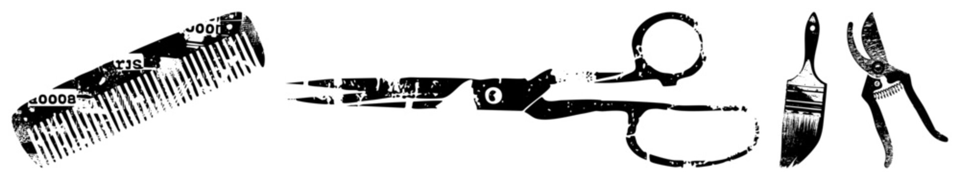 Distressed black and white vector of grooming and crafting tools, halftone texture, isolated cutout, artistic stencil style.