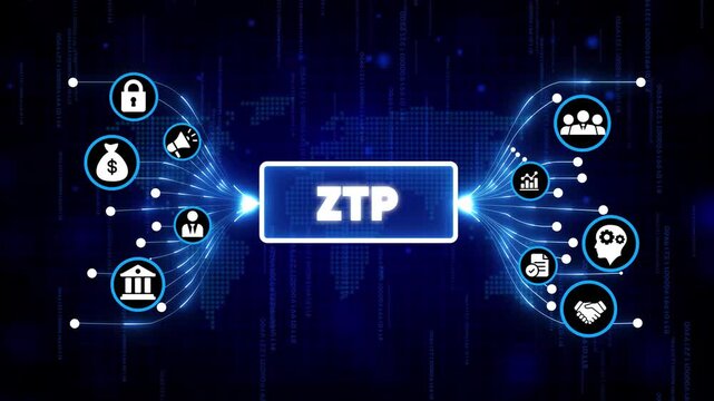 Zero Trust Security ZTP Concept with Digital Network Icons and Cybersecurity Shield in Futuristic Blue Tech Environment