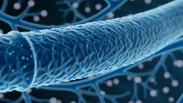 Close-up view of a textured microscopic structure resembling a biological fiber, surrounded by a network of cellular branches and particles