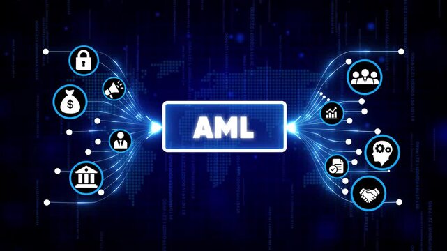 Anti Money Laundering AML digital concept with futuristic icons and financial security symbols on dark blue tech background