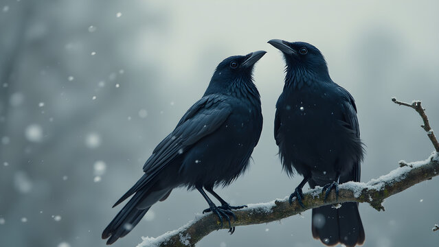 Dark crows in winter. Realistic crow imagery. Cold winter sky photos. Crow perched on branch.