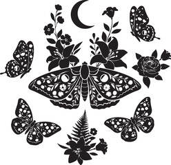 Silhouette of moths butterflies flowers and crescent moon © sketch lab