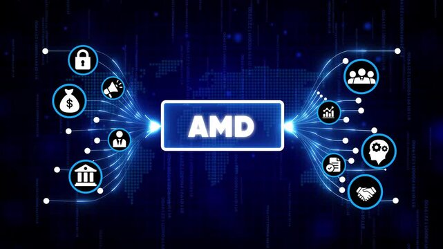 AMD technology innovation digital network with futuristic icons and glowing blue circuit background for business and computing