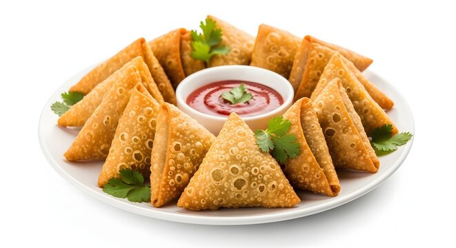 Samosa, samsa or somsa is a triangular fried cake, basil garnish and visible filling on white background