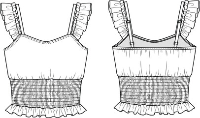 Fashion flat sketch of a women's cropped smocked tank top front and back views drawing technical © MST Hasina