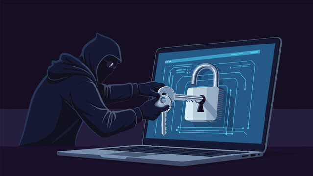 Cyber criminal hacker in dark hoodie using physical keys to unlock and steal data from a laptop computer screen.