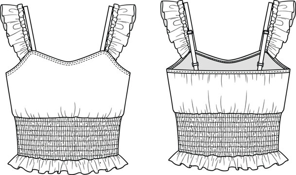 Fashion flat sketch of a women's cropped smocked tank top front and back views drawing technical