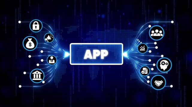 Mobile app development concept with futuristic digital interface icons and glowing blue tech background for business innovation