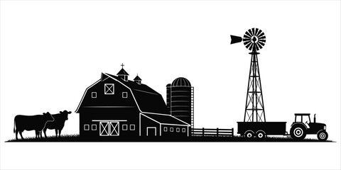 Obraz premium Silhouette Farm Scene With Barn Silo Windmill Tractor And Cows Keywords: farm, barn, silo, windmill, tractor, cows, rural