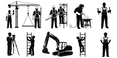 Silhouettes of Construction Workers, Equipment and Tools Keywords: silhouette, construction, worker, construction worker, crane